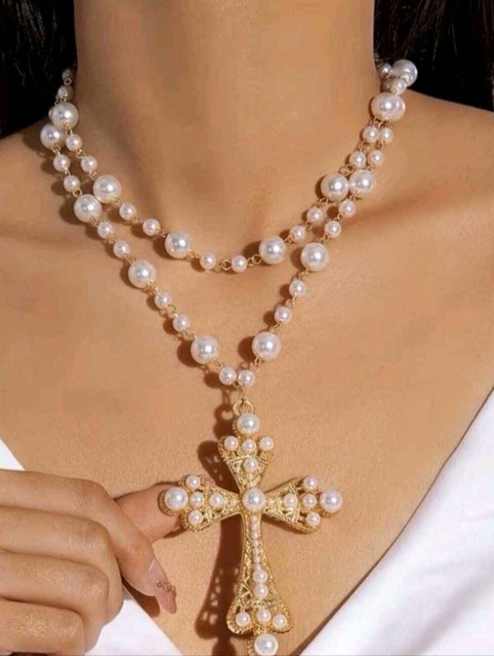 Two Piece Women's Pearl Beaded Cross Pendant Necklace - Gold and White